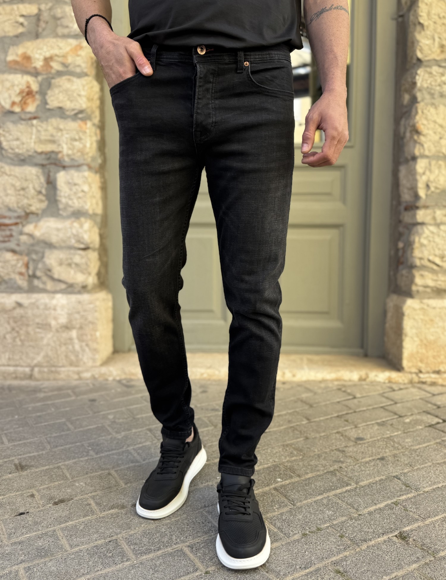 Ανδρικό Slim μαύρο ξεβαμμένο τζιν παντελόνι πεντάτσεπο με κουμπιά 3LN513
